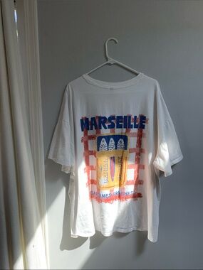 Oversized H&M White Tee with Sardines Fish Graphic - Marseille Print